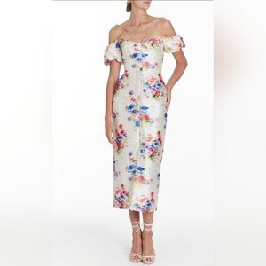 Markarian Palma Multicolor Beaded Floral Off-The-Shoulder Ruched Dress NWT